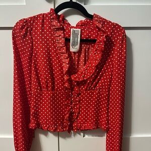 Free People red and white polka dot ruffle button down blouse